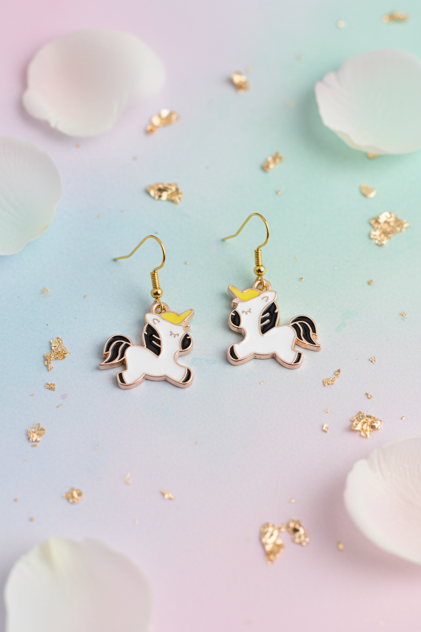 A close-up of a person's ear wearing a small dangling unicorn charm earring. The earring features a white unicorn with black details, a yellow crown, and a gold-tone hook.